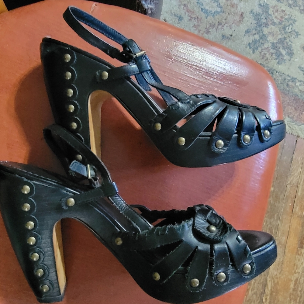 BCBGMaxAzria Black Strappy Heels with Gold Accents
